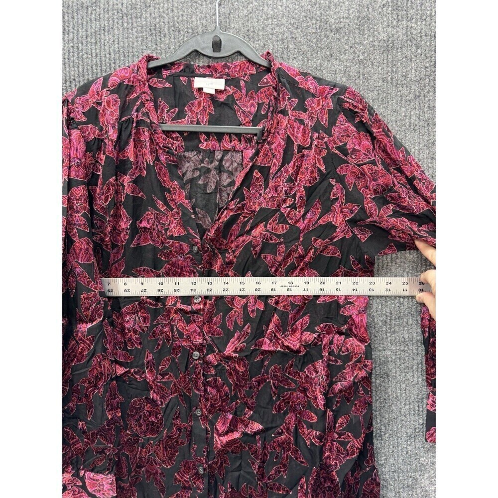 J. Jill Burnout Semi Sheer Top Womens Large Red Black Floral Button Long Sleeve - Picture 11 of 12
